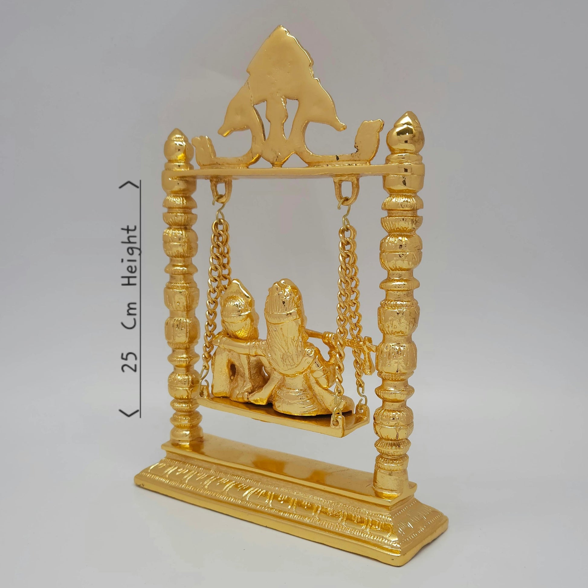 Premium Brass Radha Krishna Jhula swing murti 45-degree angle back view showing hanger frame