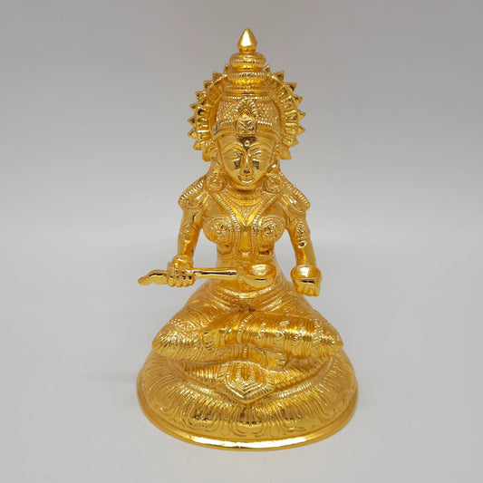 Premium Brass seated Goddess Annapoorani statue 7-inch 19cm height ariel view showing sunburst sirachakra halo and circular base including laddle and bowl