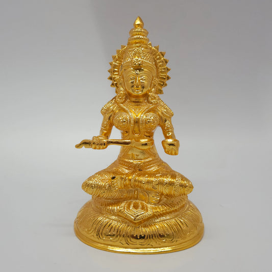 Premium pure brass seated Goddess Annapoorani statue with ladle anna karandi gold finish 7 inch 19cm height 12cm length 8cm depth 1.6kg weight straight pose front view decor full detailed view