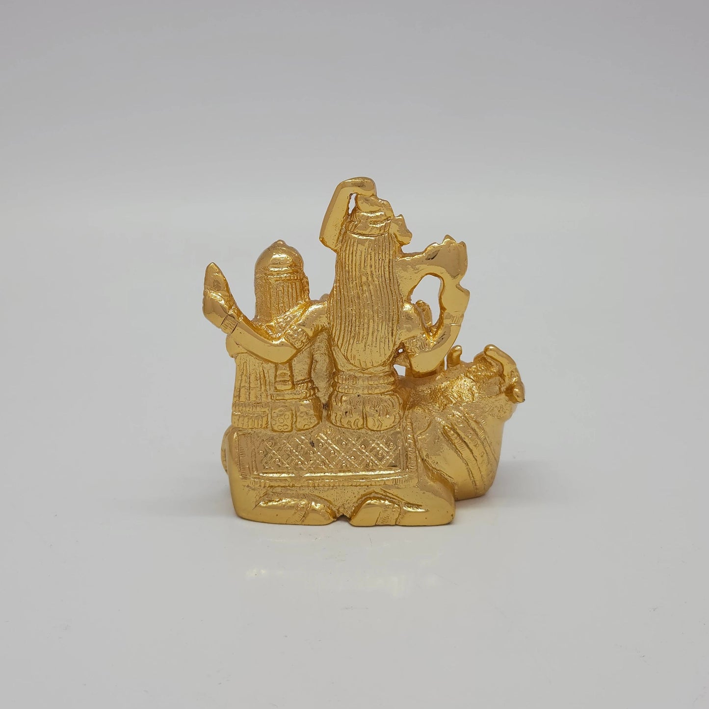 Premium Brass Shiva Parivar family statue 4 inch 9.5cm back view showing solid reverse structural panel of the glossy mirror gold casting