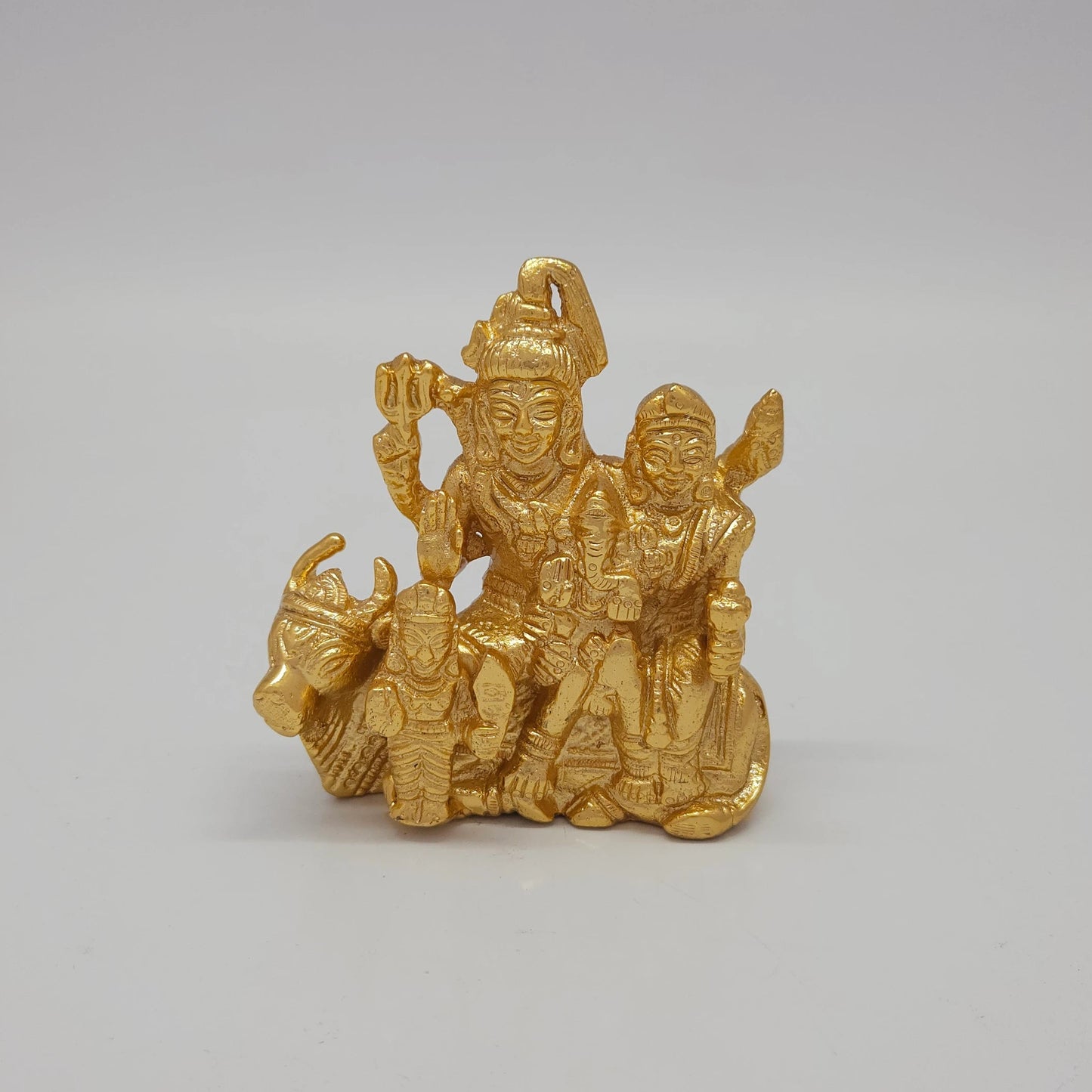 Premium Brass Shiva Parivar family portrait statue glossy mirror gold finish lifestyle decor gifting piece 4 inch 9.5cm height front profile size guide