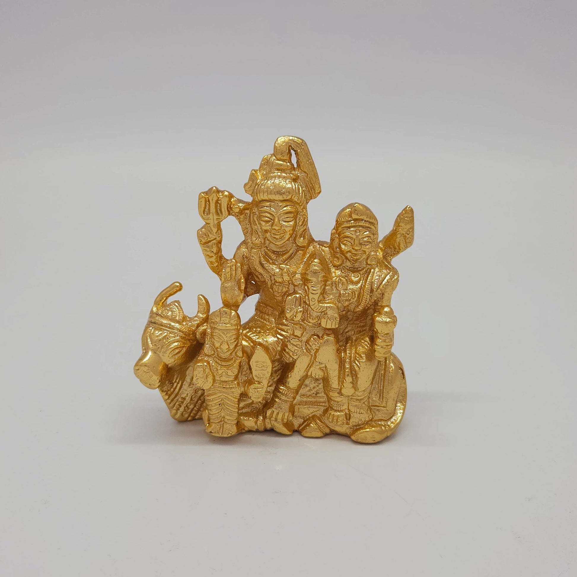 Premium Brass Shiva Parivar family portrait statue glossy mirror gold finish lifestyle decor gifting piece 4 inch 9.5cm height front profile size guide