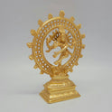 Premium Brass Shiva Tandava cosmic dance statue gold powder coated finish 8-Inch height 45-degree front right view showing raised gaja hasta leg and extended rectangular base