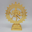 Premium Brass Shiva Tandava cosmic dance statue gold powder coated finish 9-Inch height rear straight view showing back of thiruvasi flame arch jata and base platform craftsmanship