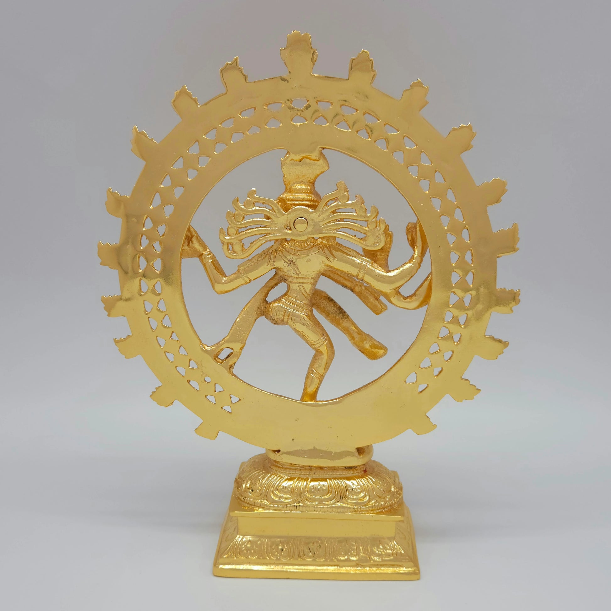Premium Brass Shiva Tandava cosmic dance statue gold powder coated finish 9-Inch height rear straight view showing back of thiruvasi flame arch jata and base platform craftsmanship