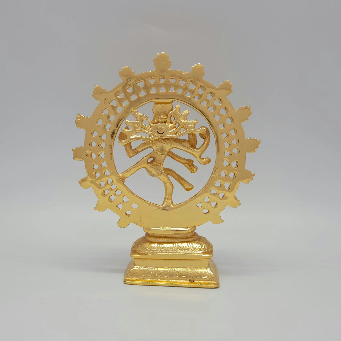 Premium Brass Shiva Tandava cosmic dance statue gold powder coated finish 8-Inch height rear straight view showing back of thiruvasi flame arch jata and rectangular base platform