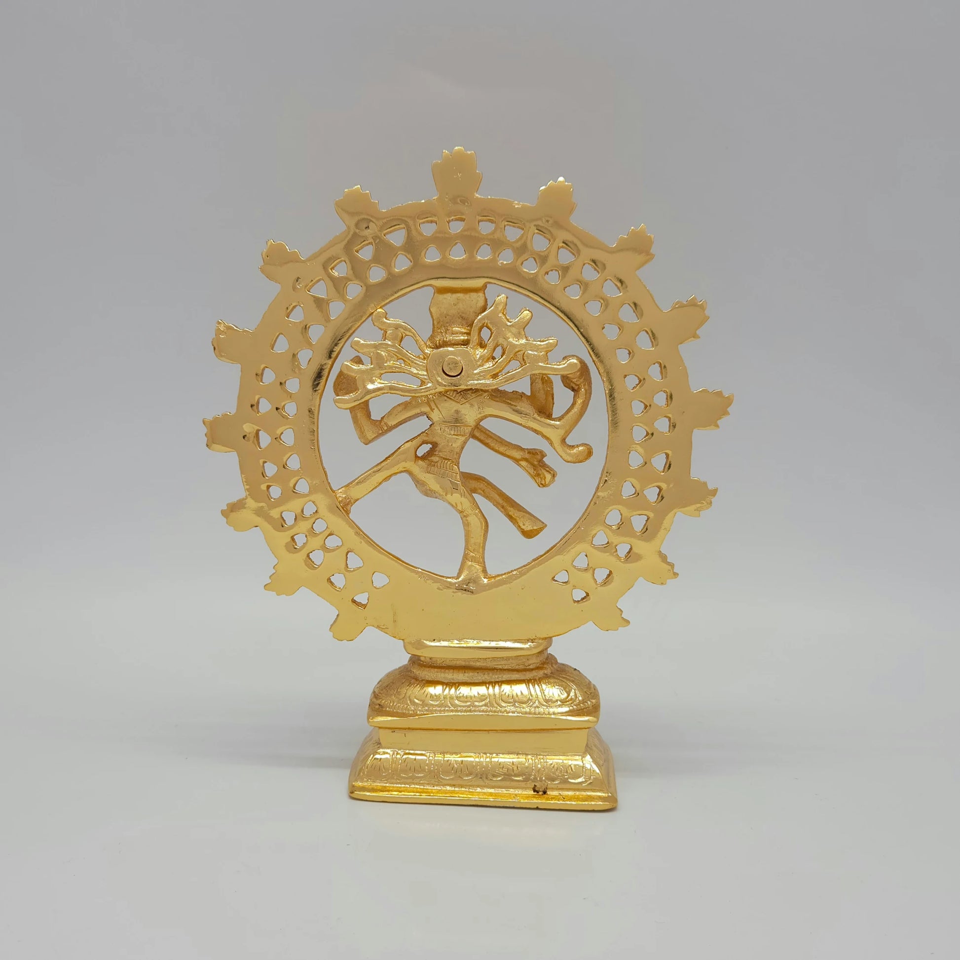 Premium Brass Shiva Tandava cosmic dance statue gold powder coated finish 8-Inch height rear straight view showing back of thiruvasi flame arch jata and rectangular base platform