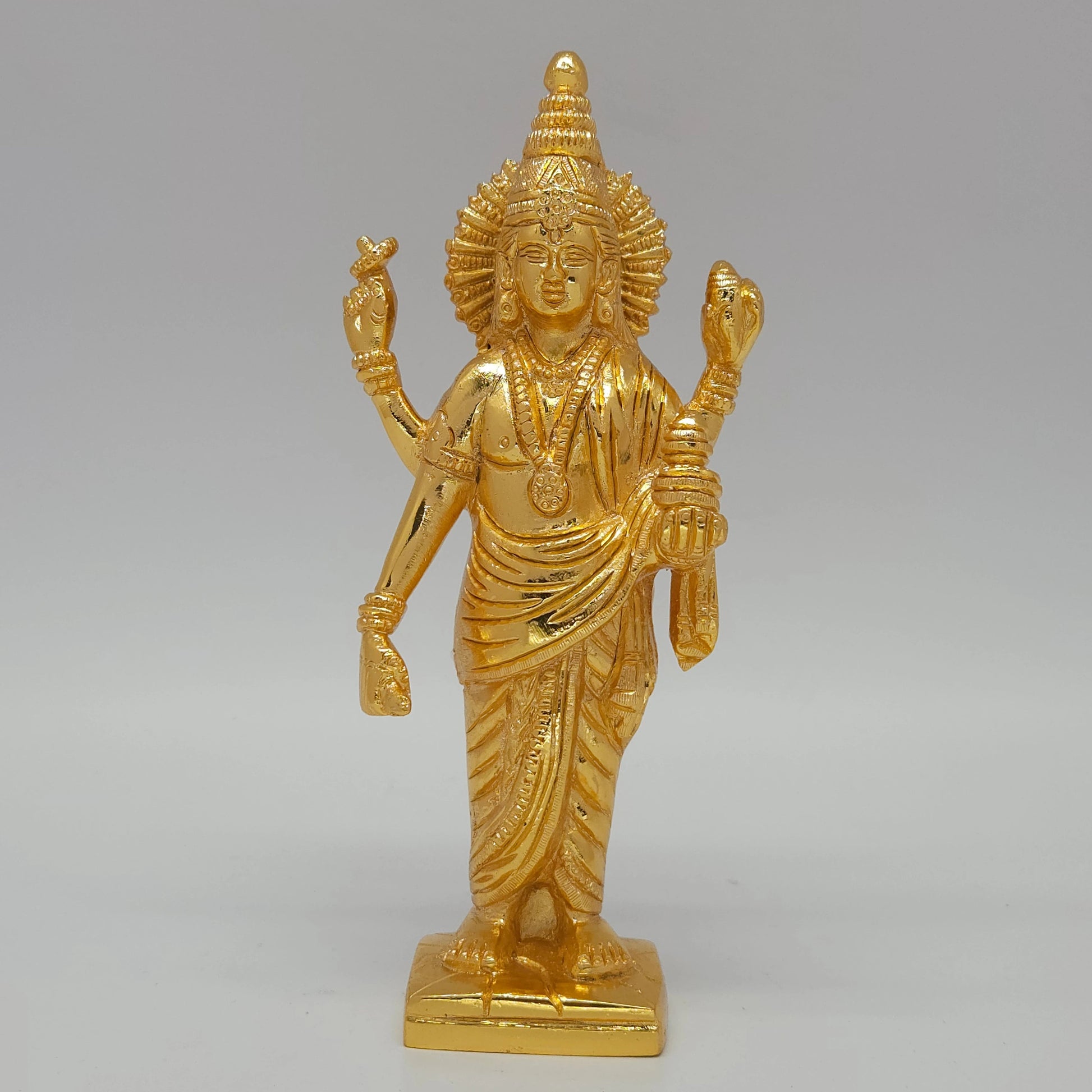 Premium Brass Mirror Gold polish standing Lord Dhanvantari statue lord of medicine and ayurveda 7.5 inch 19cm height 9cm length 5cm depth front profile