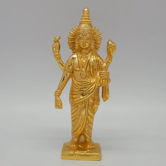 Premium Brass Mirror Gold polish standing Lord Dhanvantari statue lord of medicine and ayurveda 7.5 inch 19cm height 9cm length 5cm depth front profile
