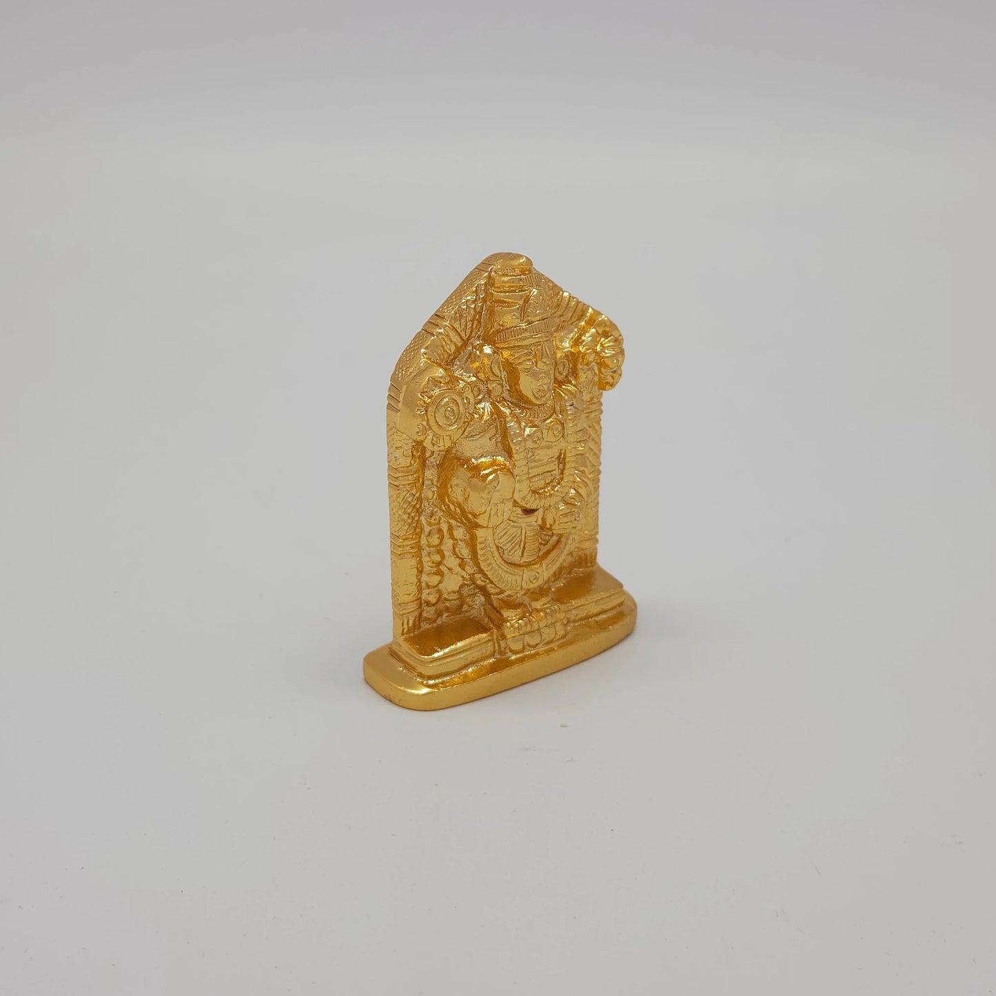 Premium Brass Lord Venkateswara statue 7.5cm 45 degree front left corner view highlighting sudarshana chakra and frame details