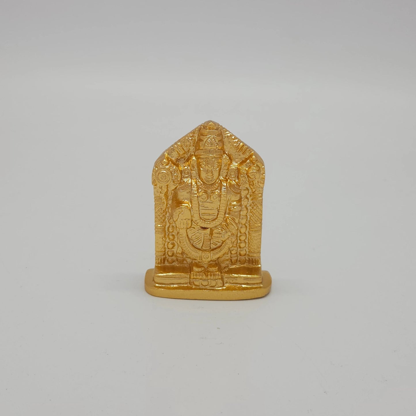 Premium Brass Lord Venkateswara Tirupati Balaji miniature statue with integrated temple arch 7.5cm height front profile view glossy gold finish lifestyle decor gift size guide
