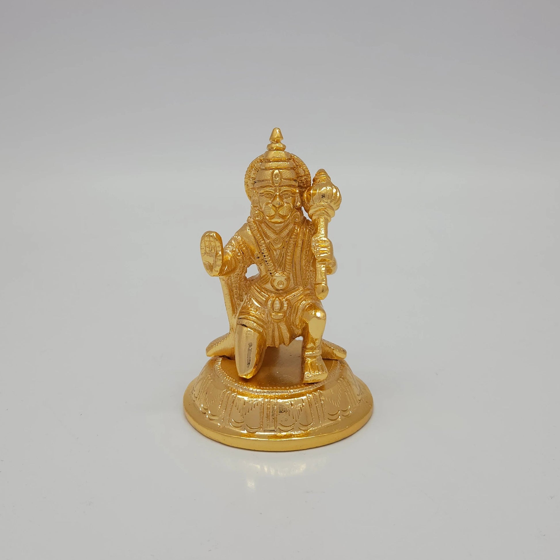 Premium Brass Veera Hanuman miniature statue glossy mirror gold finish lifestyle decor gifting piece 4 inch 10cm height front profile size guide
