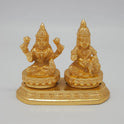 Front view of the 9cm premium gold powder-coated brass Kubera Lakshmi showpiece on a shared base platform for corporate office decoration.