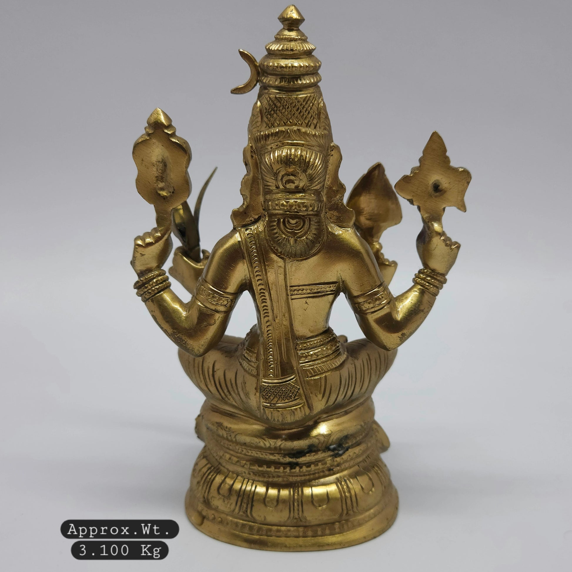Premium Brass seated Goddess Rajarajeshwari statue 8-inch 20cm height back pose rear view showing reverse of the kireetam crown and circular lotus base