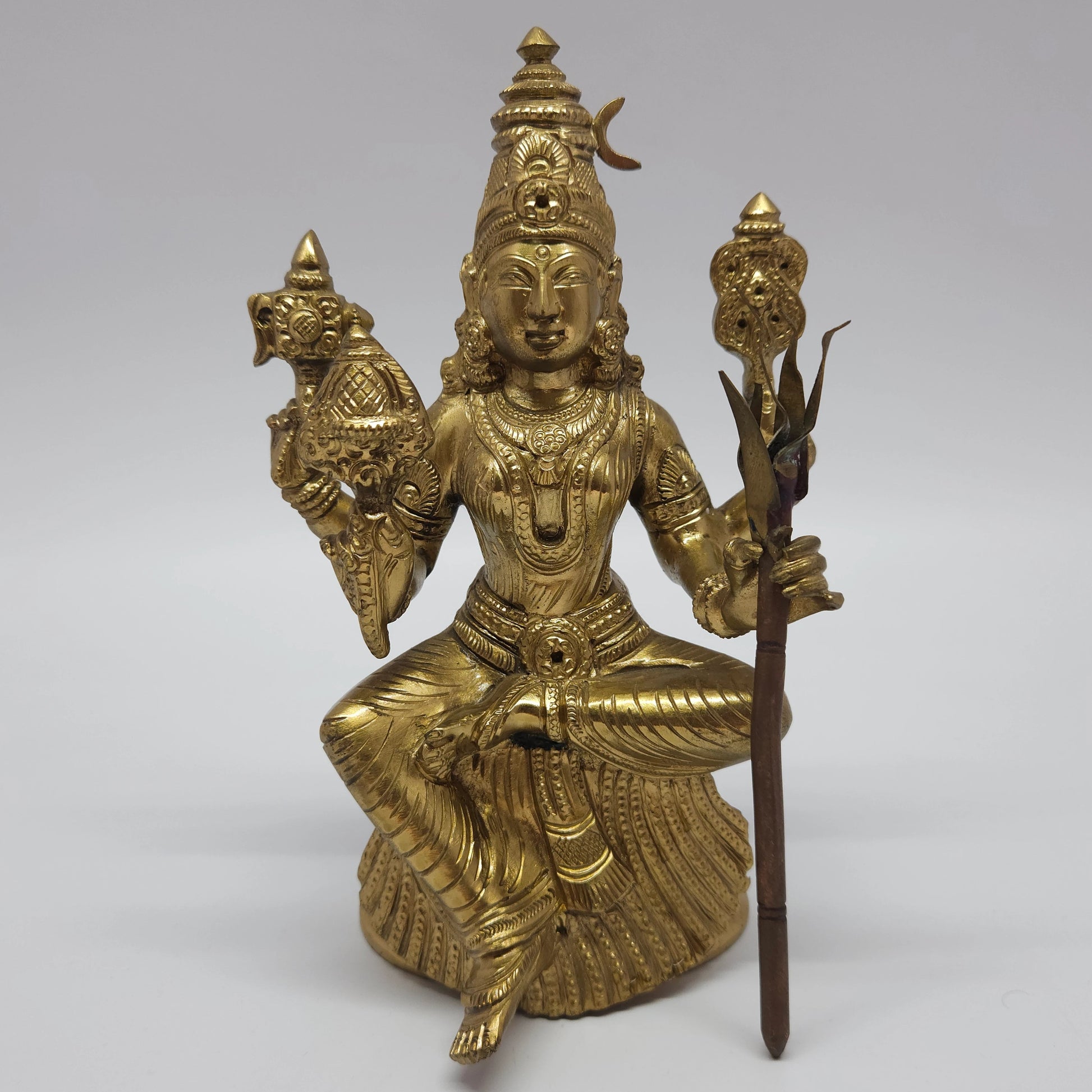 : Premium pure brass seated Goddess Rajarajeshwari statue protective lacquer coating 8-inch 20cm height 3.1kg weight straight pose front view decor 