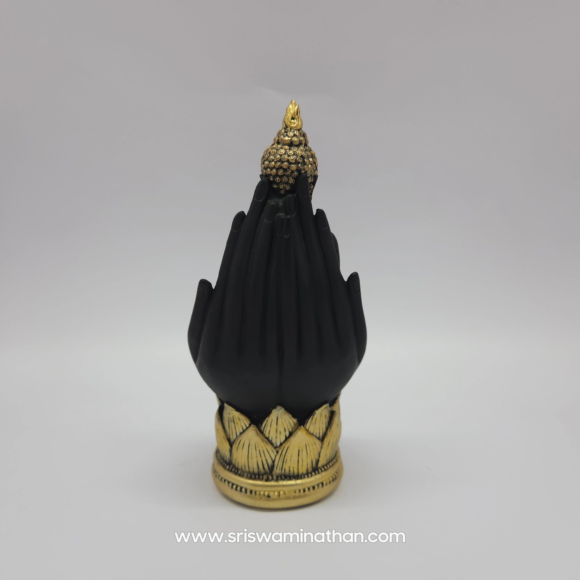 Premium Resin meditating Buddha statue on hand 23cm height back pose rear view showing reverse of the black palm structure and golden lotus base