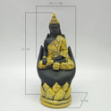 Premium high density resin meditating Lord Buddha statue on palm hand gold finish 23cm height 10.5cm length 9cm depth 350gm weight straight pose front view decor only size guide