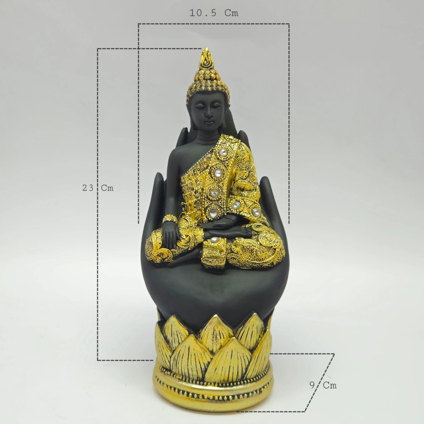 Premium high density resin meditating Lord Buddha statue on palm hand gold finish 23cm height 10.5cm length 9cm depth 350gm weight straight pose front view decor only size guide