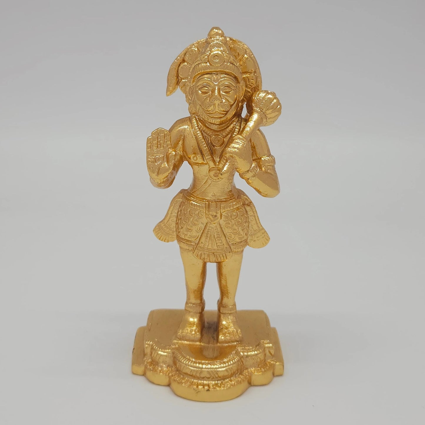 Front view of the 13cm premium gold powder-coated brass Veer Hanuman showpiece with gada over shoulder for office desk decoration.