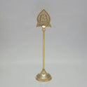 Standing profile of a genuine brass Murugan Vel stand showing the round carved base and smooth golden metal finish