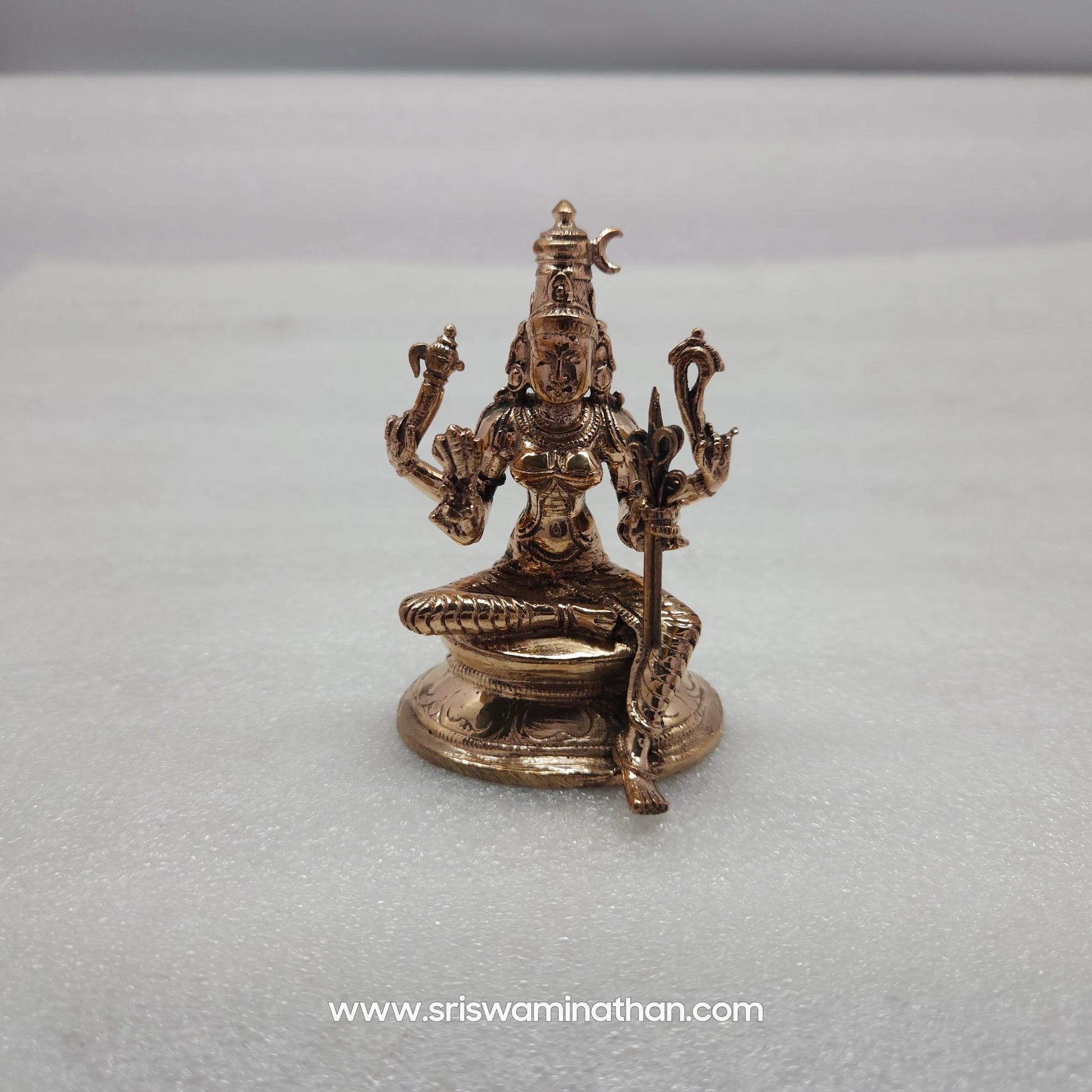 Close-up of Rajarajeshwari Panchaloha Idol four hands — Ankusha, Pasha, Pushpa Bana, Ikshudanda, Chaturbhuja form, Kumbakonam craftsmen
