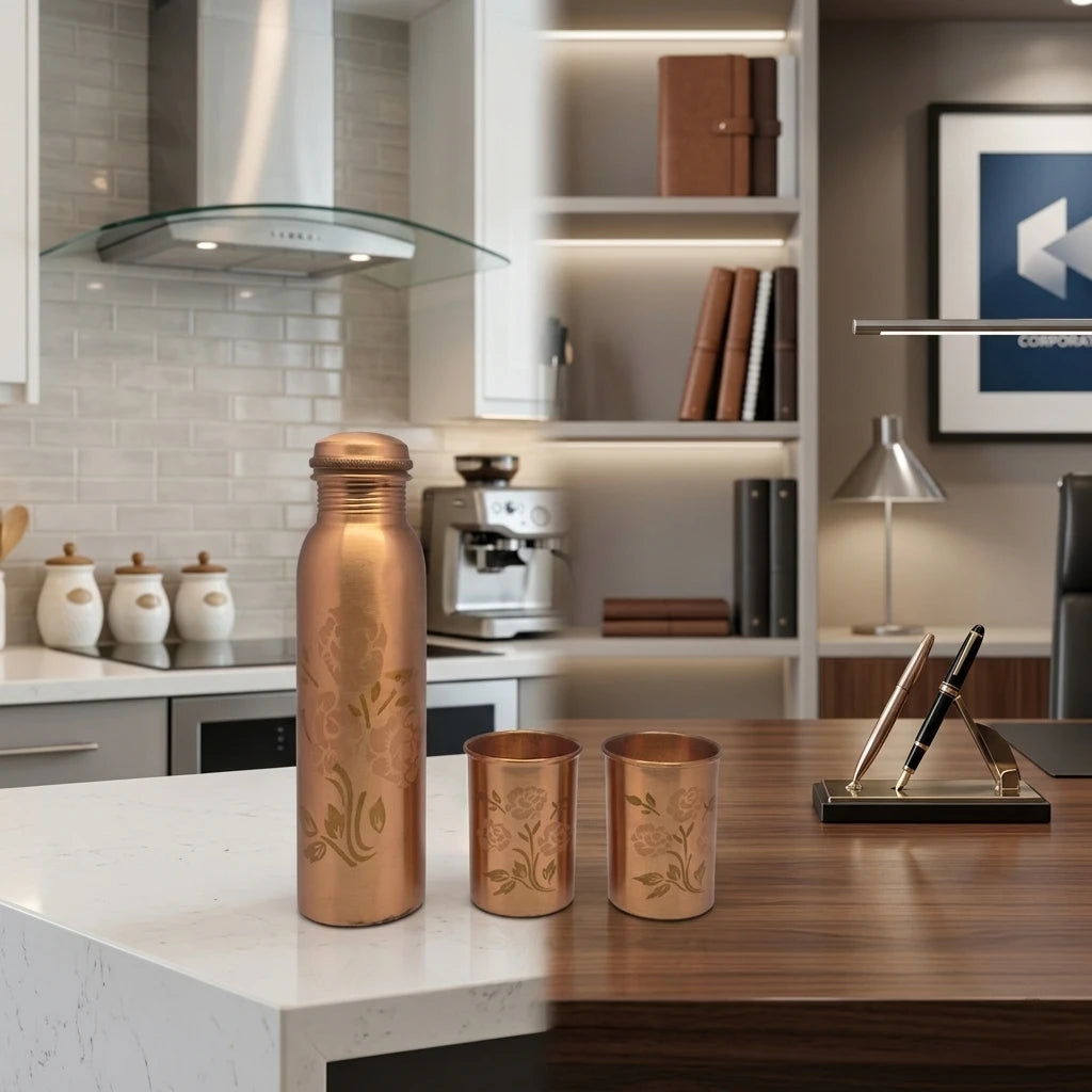 Copper Water Bottle & Glass Set | 900 ml Bottle with 2 Glasses — 4 Design Variants
