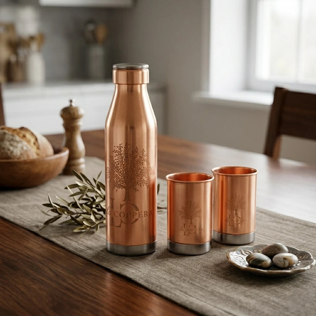 Copper Water Bottle & Glass Set | 900 ml Bottle with 2 Glasses — 4 Design Variants