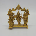 Front view of the 12cm antique solid brass Ram Darbar statue with Rama, Sita, Lakshmana, and Hanuman under a temple arch for Rama Navami puja.