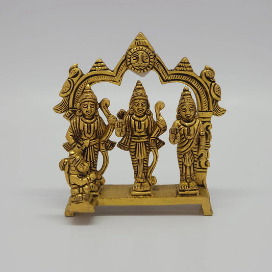 Front view of the 12cm antique solid brass Ram Darbar statue with Rama, Sita, Lakshmana, and Hanuman under a temple arch for Rama Navami puja.