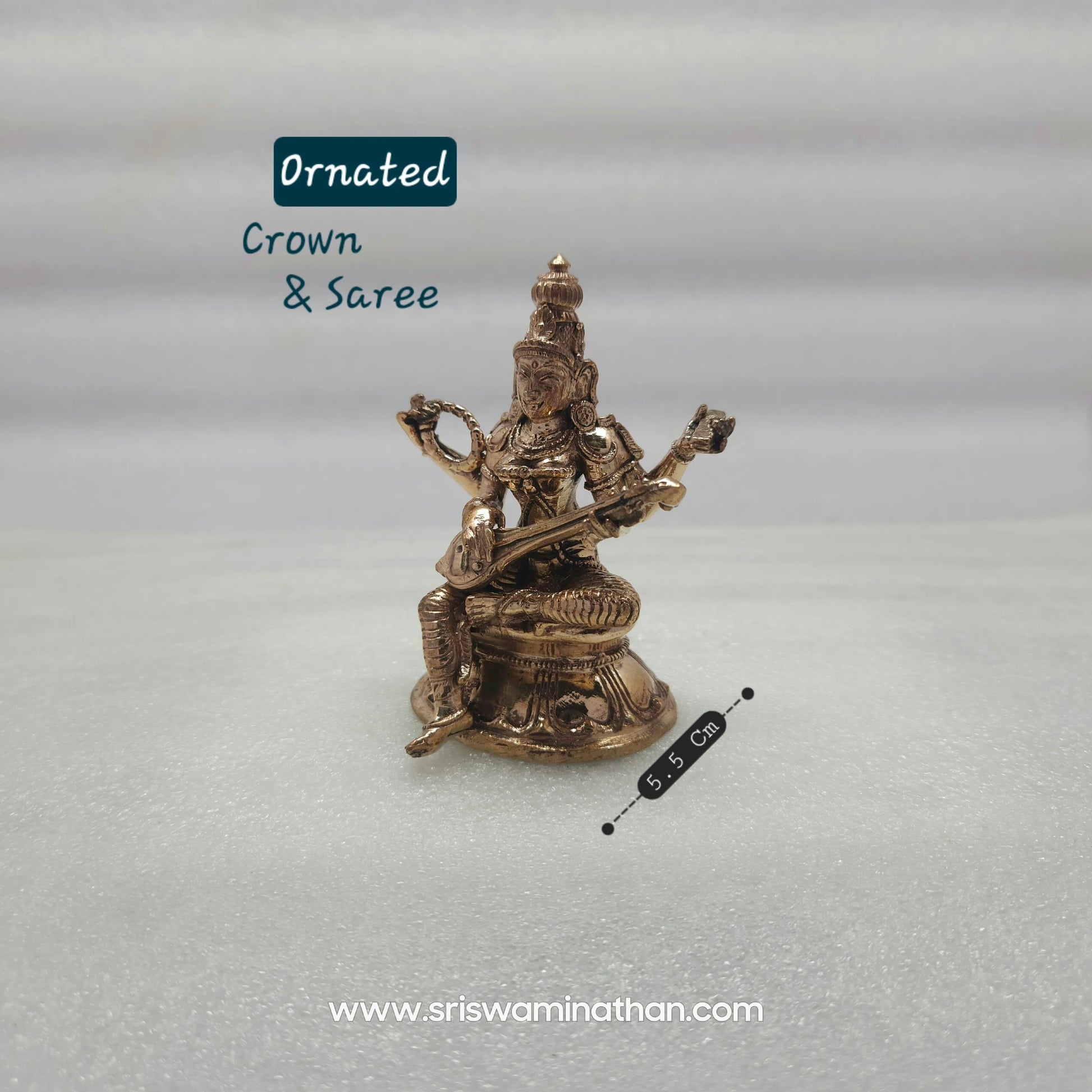 Alternate View of Saraswati Panchaloha Statue face and Kirita Mukuta crown — fine handcrafted detail, Kumbakonam, Sri Swaminathan & Co
