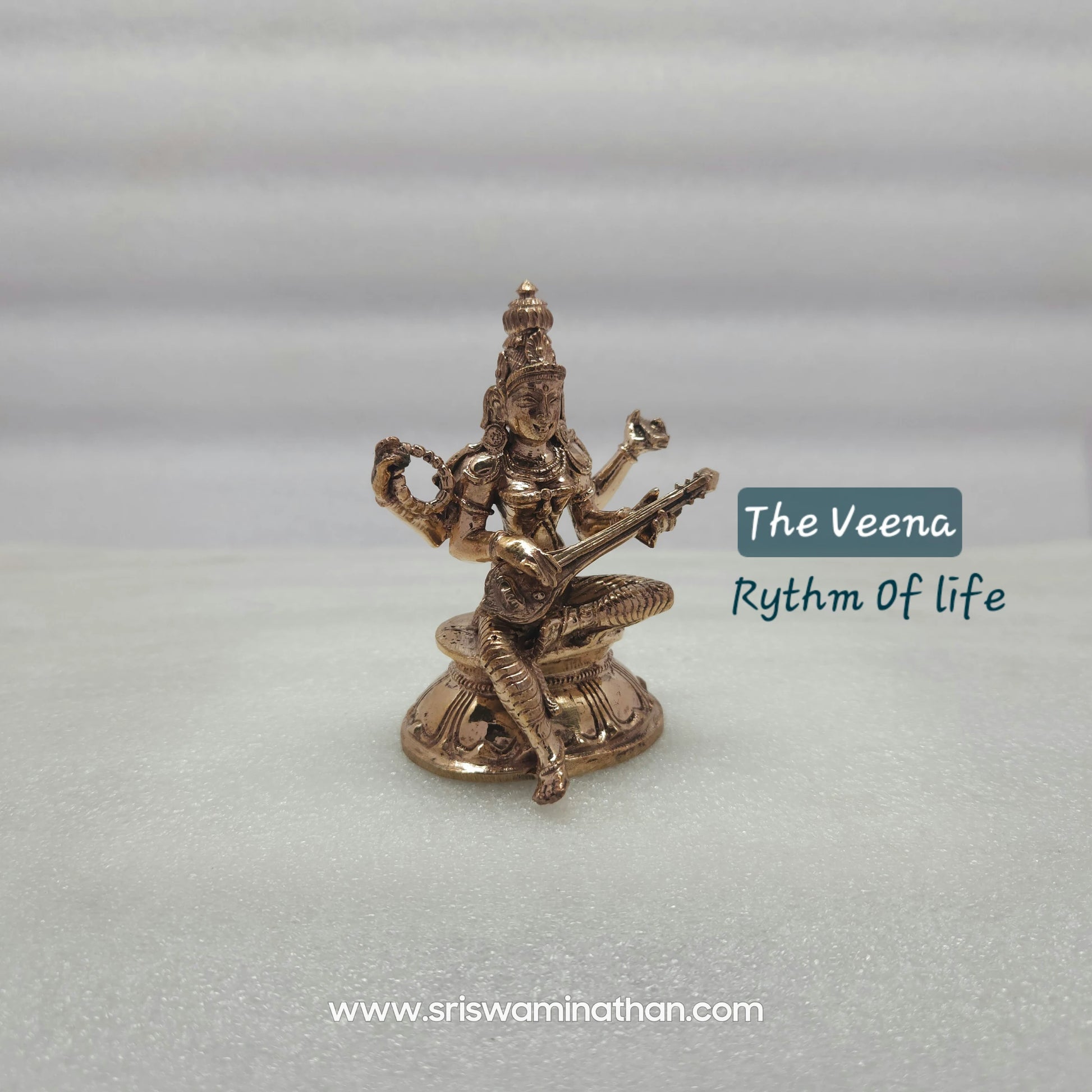 View of Saraswati Panchaloha Statue four hands — Veena, Pustaka and Akshamala detail, Chaturbhuja form, Kumbakonam craftsmen
