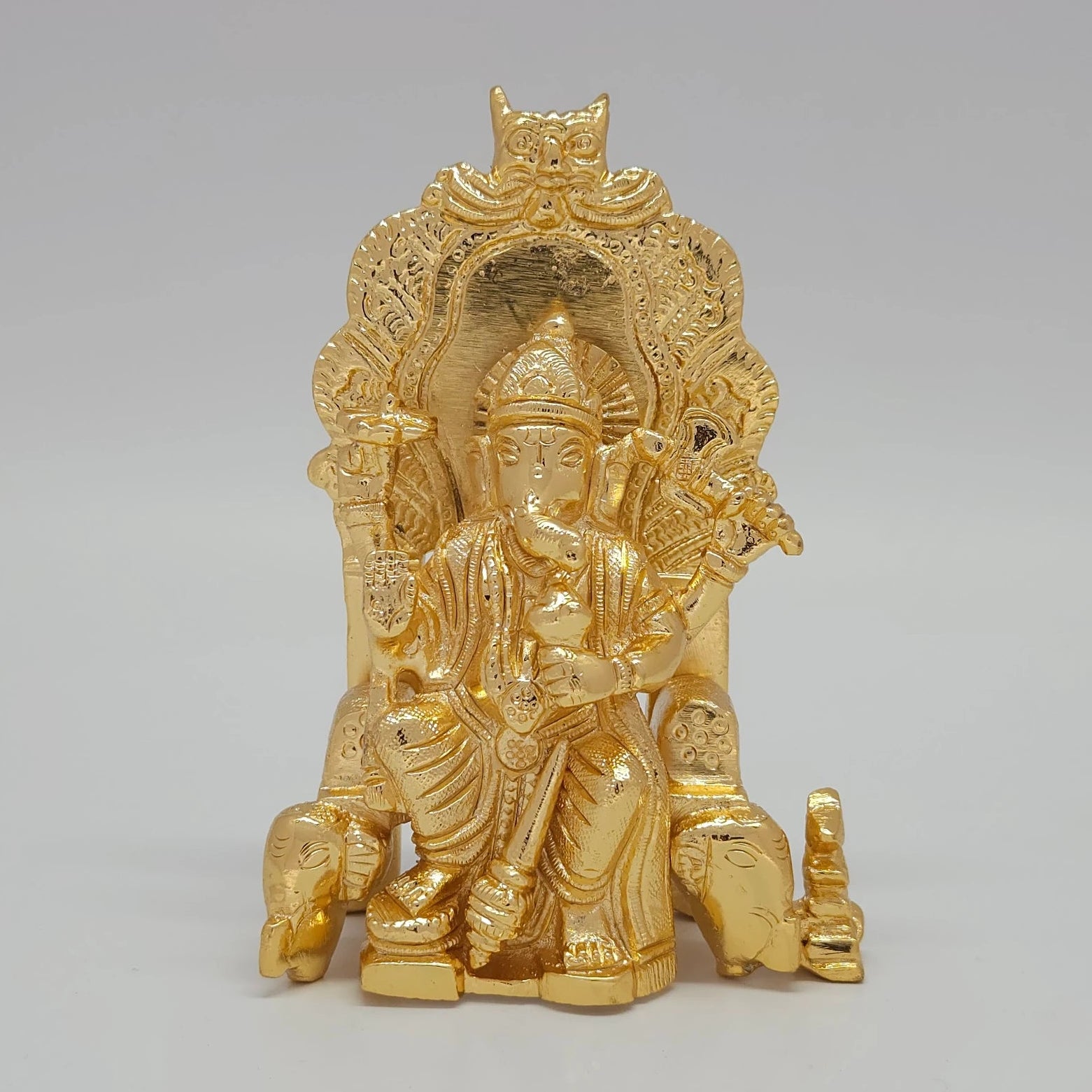 Simhasana Ganapati Gold Idol Sinhasan Ganpati Vinayagar Murti Front View Royal Throne