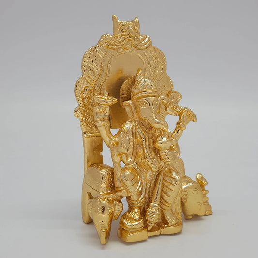 Sinhasan Ganesh Gold Idol Side View Ornate Throne Kirtimukha Elephant Guardian Craft