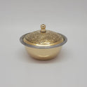 Front view of the small size 100ml pure brass tin-lined prasadham container with its patterned decorative dome lid sitting securely over the rim