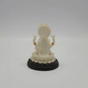 Full back view of the 4.3-inch Lakshmi statue demonstrating the smooth circular halo behind her crown and the rounded contours of the base pedestal.