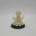 Full back view of the 4-inch Saraswati statue demonstrating the smooth circular halo behind her crown and the rounded contours of the black base pedestal.