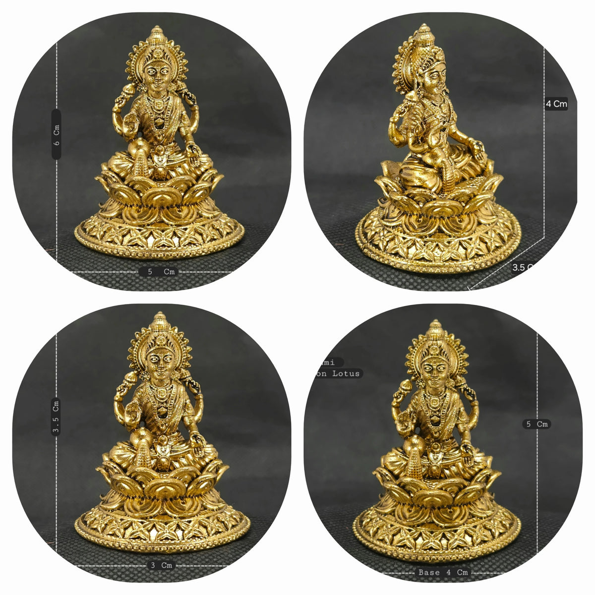 Four-quadrant collage photo demonstrating all available size variations of the solid brass Aishwarya Lakshmi statue in a single frame to compare micro altar dimensions.