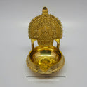 Straight front view of the 14cm brass Ashtalakshmi Kubera Nalla Vilakku showcasing the centered Gajalakshmi surrounded by seven forms of Lakshmi with length measurement marker by Sri Swaminathan and Co.