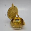 Three-quarter front left perspective view of the solid brass Ashtalakshmi lamp showing the sharp vertical ridge lines on the outer rim with height measurement marker.