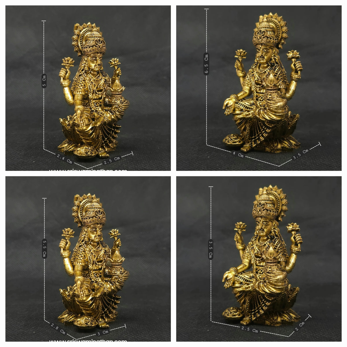 Alternative front left perspective view of the two and a half inch brass Kubera Lakshmi statue to demonstrate the compact micro altar dimensions.
