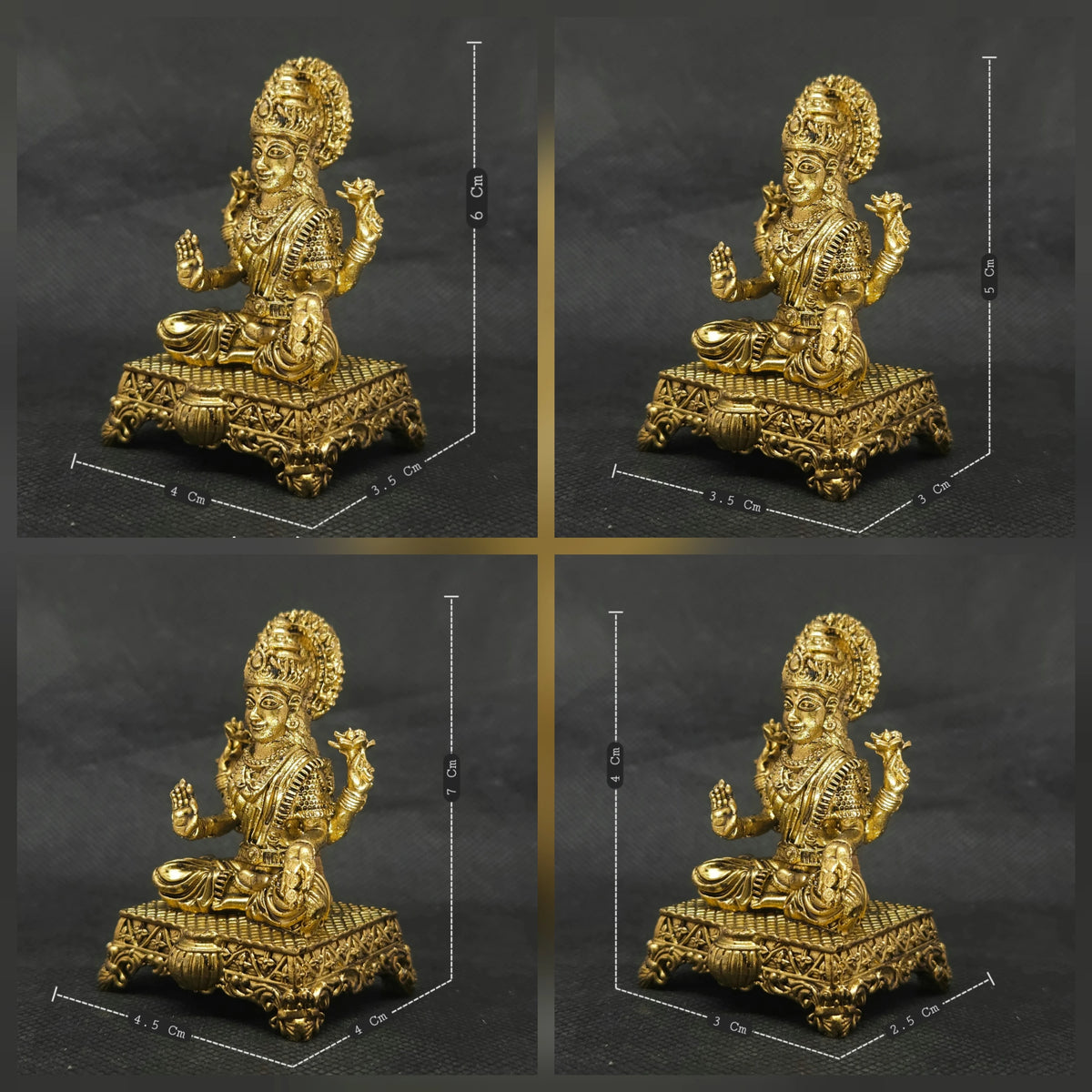 Four-quadrant collage photo demonstrating all available size variations of the solid brass Lakshmi statue on a flower decorated peedam base in a single frame.