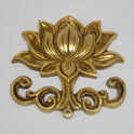 Three-quarter front perspective view of the brass lotus medallion wall decor highlighting the detailed chiseled petal layers and scrollwork base.

