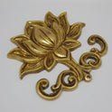 Sharp side profile view of the premium brass lotus wall decor panel demonstrating the shallow casting thickness and flat reverse surface for flush mounting.
