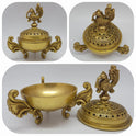 Multi quadrant collage photo demonstrating the fully detachable components including the separate dome lid main bowl and open setup of the brass peacock Dhoop Dhani.
