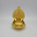Straight front view of the 15cm brass Perumal Namam Kubera Nalla Vilakku showcasing the deep oil basin and high-gloss polish by Sri Swaminathan and Co.