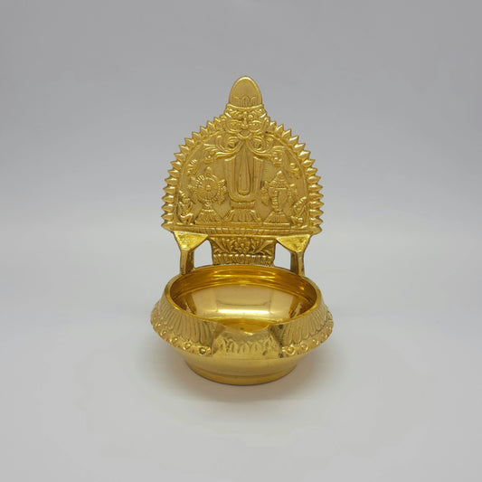 Straight front view of the 15cm brass Perumal Namam Kubera Nalla Vilakku showcasing the deep oil basin and high-gloss polish by Sri Swaminathan and Co.