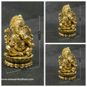 • 
	• Collage photo demonstrating all three size variations of the solid brass seated Ganesha statue with Mooshikan in a single frame to compare micro altar scales with technical scale lines.
