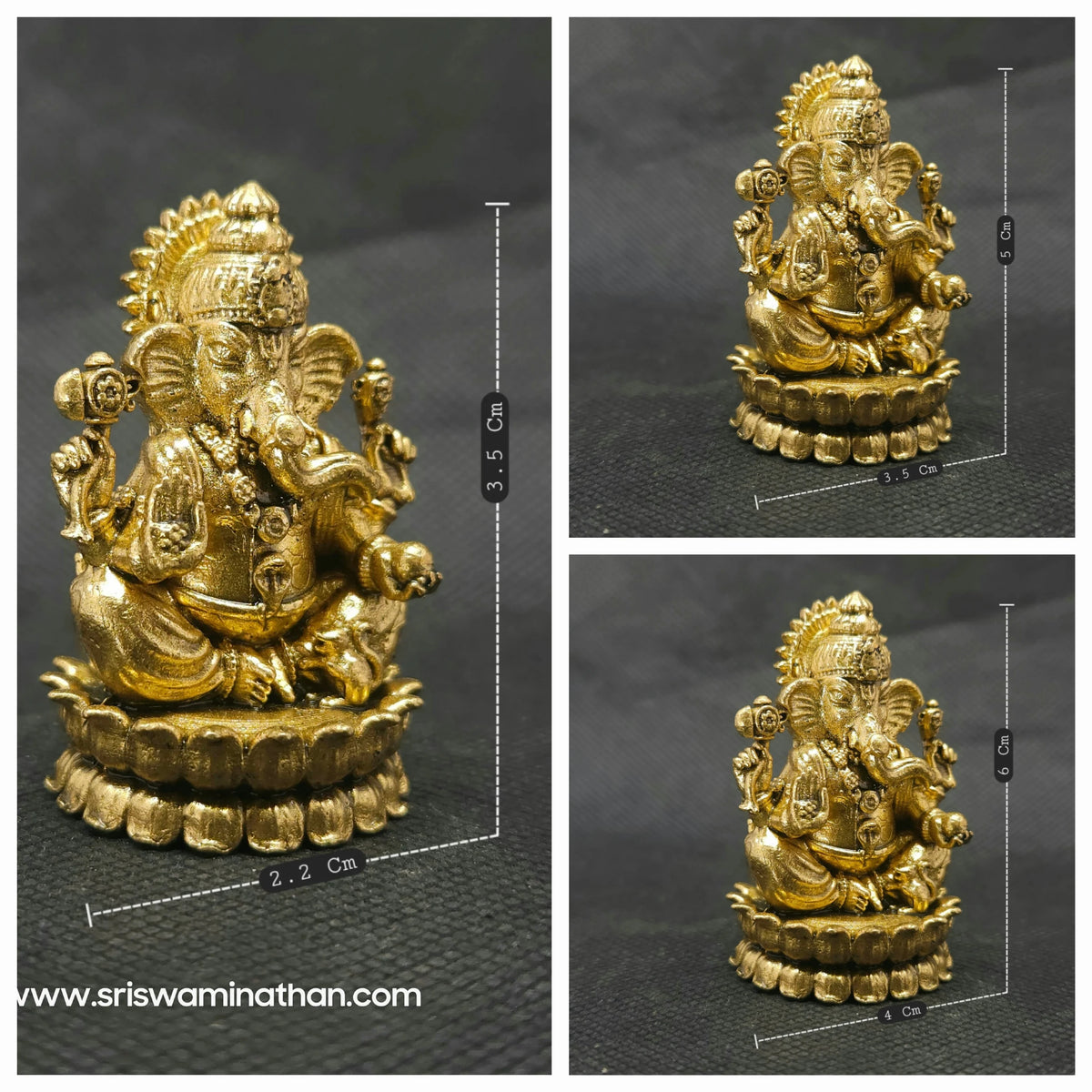 • 
	• Collage photo demonstrating all three size variations of the solid brass seated Ganesha statue with Mooshikan in a single frame to compare micro altar scales with technical scale lines.
