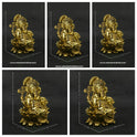 Five-quadrant collage photo demonstrating all available size variations of the solid brass seated Lalita Ganapati statue in a single frame to easily compare compact micro altar scales