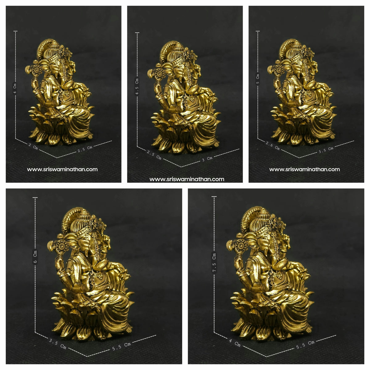Five-quadrant collage photo demonstrating all available size variations of the solid brass seated Lalita Ganapati statue in a single frame to easily compare compact micro altar scales